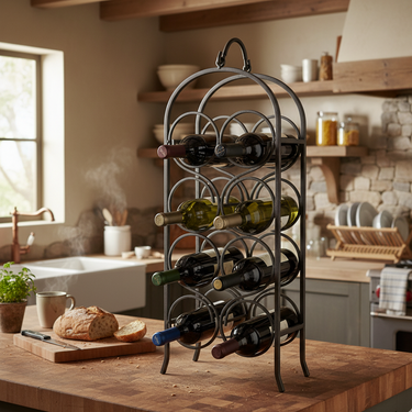Wine rack with bottles on a kitchen counter
