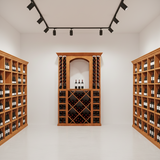 Wine cellar with wooden shelves and wine racks on white walls and floor.