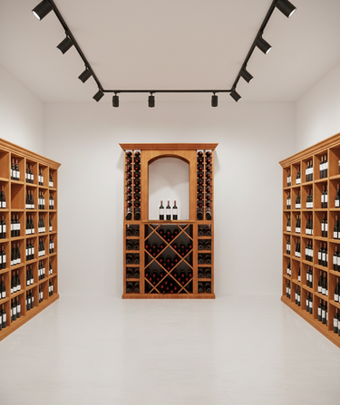 Wine cellar with wooden shelves and wine racks on white walls and floor.
