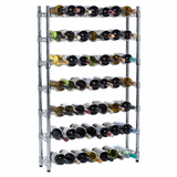Metal wine rack with multiple bottles of wine on a white background