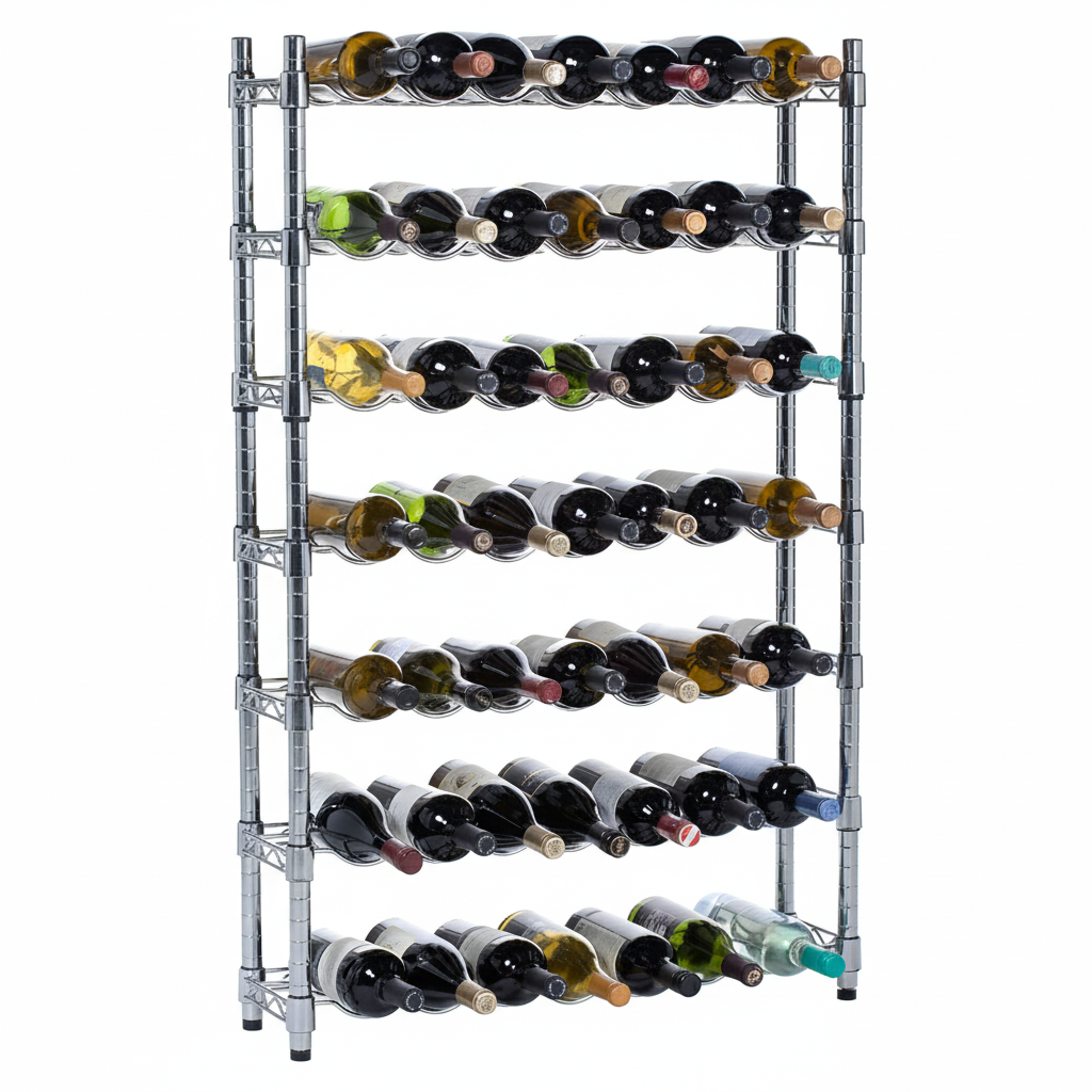 Metal wine rack with multiple bottles of wine on a white background
