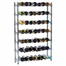 Metal wine rack with multiple bottles of wine on a white background