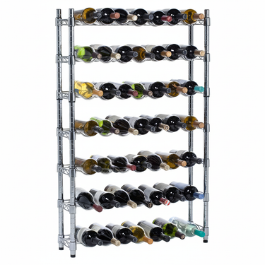 Metal wine rack with multiple bottles of wine on a white background