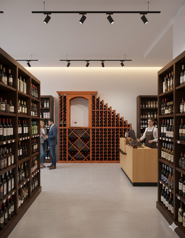 Wine store interior with shelves stocked with bottles, a counter, and people interacting.