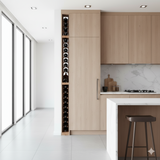 Modern kitchen with wooden cabinets and a wine rack.