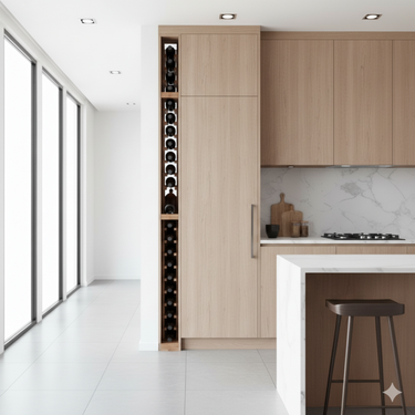 Modern kitchen with wooden cabinets and a wine rack.