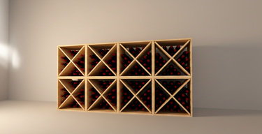 Wooden wine rack with bottles against a plain wall