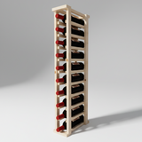 Wooden wine rack with red wine bottles on a gray background