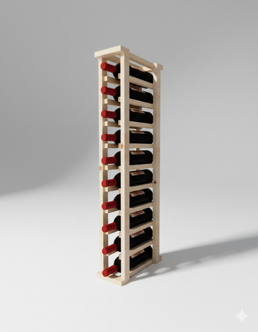 Wooden wine rack with red wine bottles on a gray background