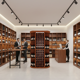 Wine store interior with wooden shelves and wine bottles, people interacting.