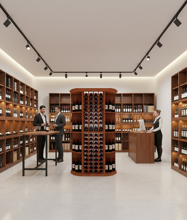 Wine store interior with wooden shelves and wine bottles, people interacting.