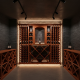 Wine cellar with wooden shelves and bottles, dimly lit.