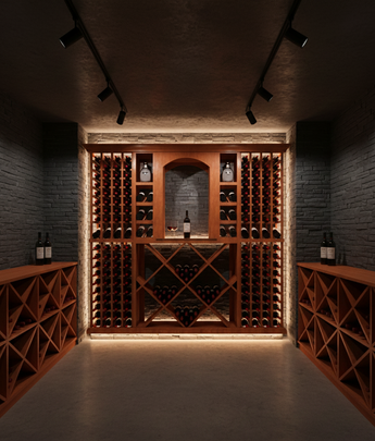 Wine cellar with wooden shelves and bottles, dimly lit.