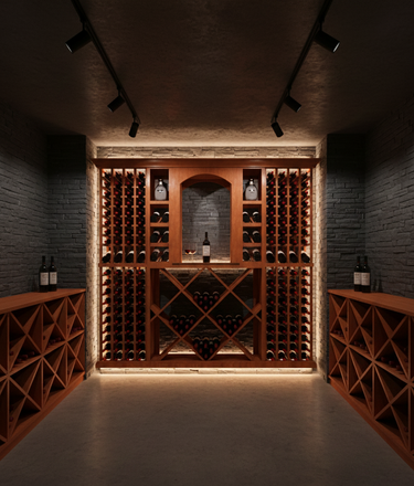 Wine cellar with wooden shelves and bottles, dimly lit.