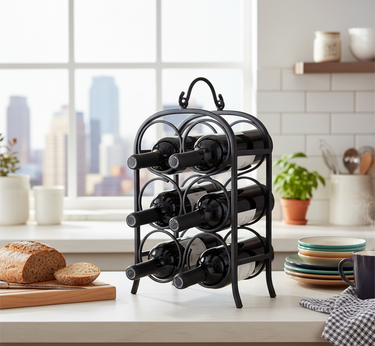 Black metal wine rack holding bottles on a kitchen counter with a cityscape view.