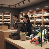 Wine bottles in a holder on a counter with a woman using a tablet in a wine store.