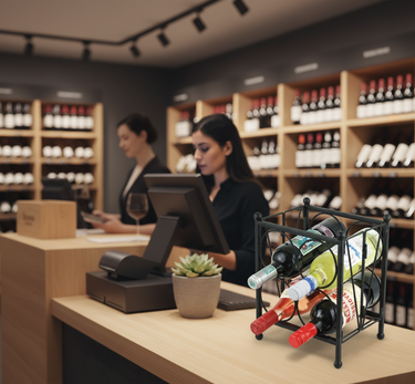 Wine bottles in a holder on a counter with a woman using a tablet in a wine store.