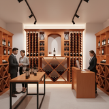 Modern wine cellar with wooden shelves and people interacting.