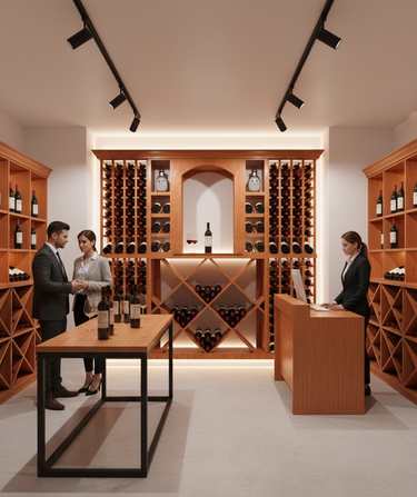 Modern wine cellar with wooden shelves and people interacting.