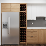Modern kitchen with a wine rack integrated into wooden cabinetry next to a refrigerator.
