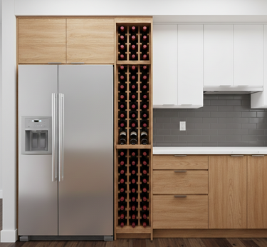 Modern kitchen with a wine rack integrated into wooden cabinetry next to a refrigerator.