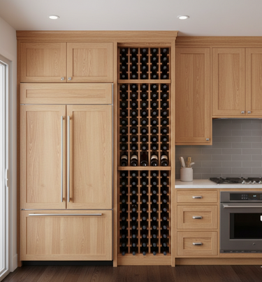 Wooden kitchen with built-in wine rack and stainless steel appliances.