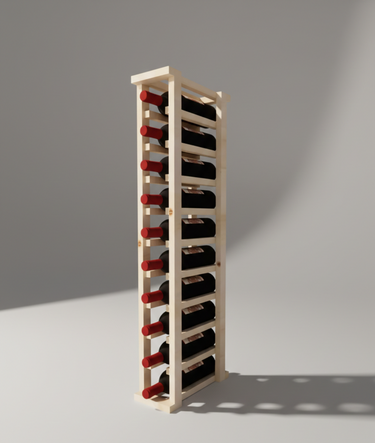 Wooden wine rack with bottles on a gray background
