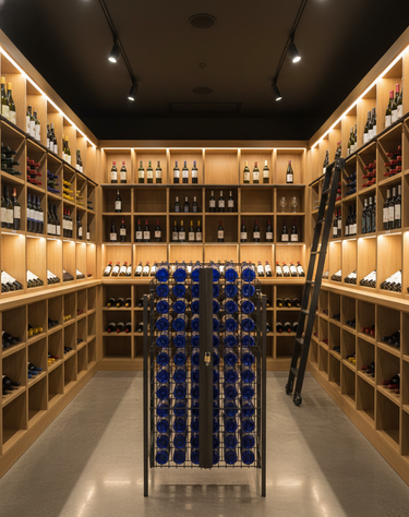 Wine cellar with wooden shelves filled with bottles, a ladder, and a rack of blue bottles.