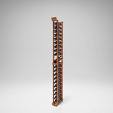 Wooden wine rack with multiple shelves on a gray background
