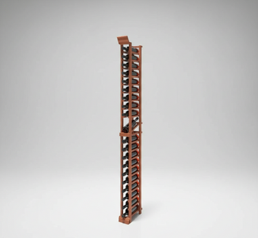Wooden wine rack with multiple shelves on a gray background
