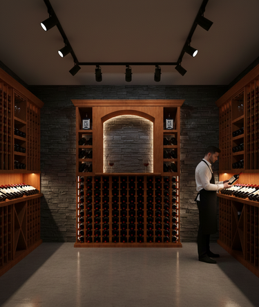 Man in a wine cellar examining bottles