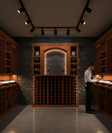 Man in a wine cellar examining bottles