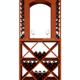 Wooden wine rack with bottles and glasses on a white background
