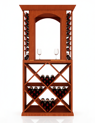 Wooden wine rack with bottles and glasses on a white background