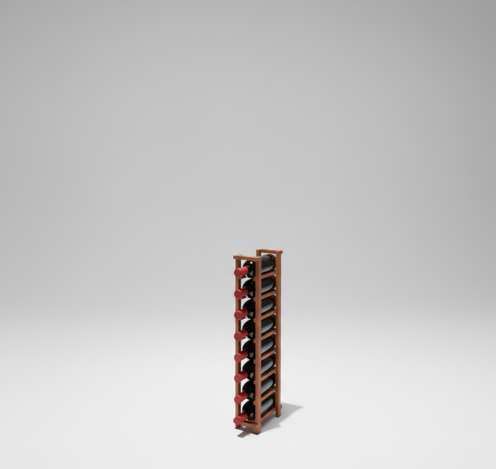 Wooden wine rack with multiple bottles on a gray background