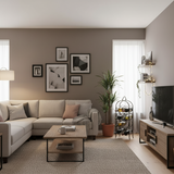 Modern living room with beige sectional sofa, coffee table, and decorative elements.