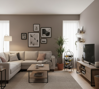 Modern living room with beige sectional sofa, coffee table, and decorative elements.