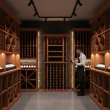 Man in a wine cellar surrounded by wooden wine racks and bottles.