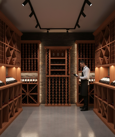 Man in a wine cellar surrounded by wooden wine racks and bottles.