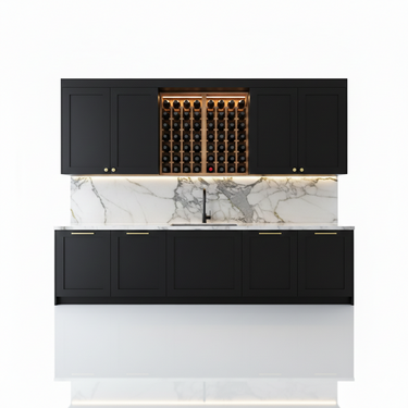 Modern kitchen with black cabinets, marble countertop, and wine rack.