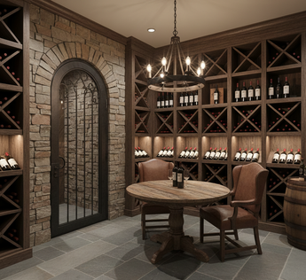 Wine cellar with wooden table and chairs, stone archway, and wine racks.