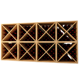 Wooden wine rack with bottles against a plain wall