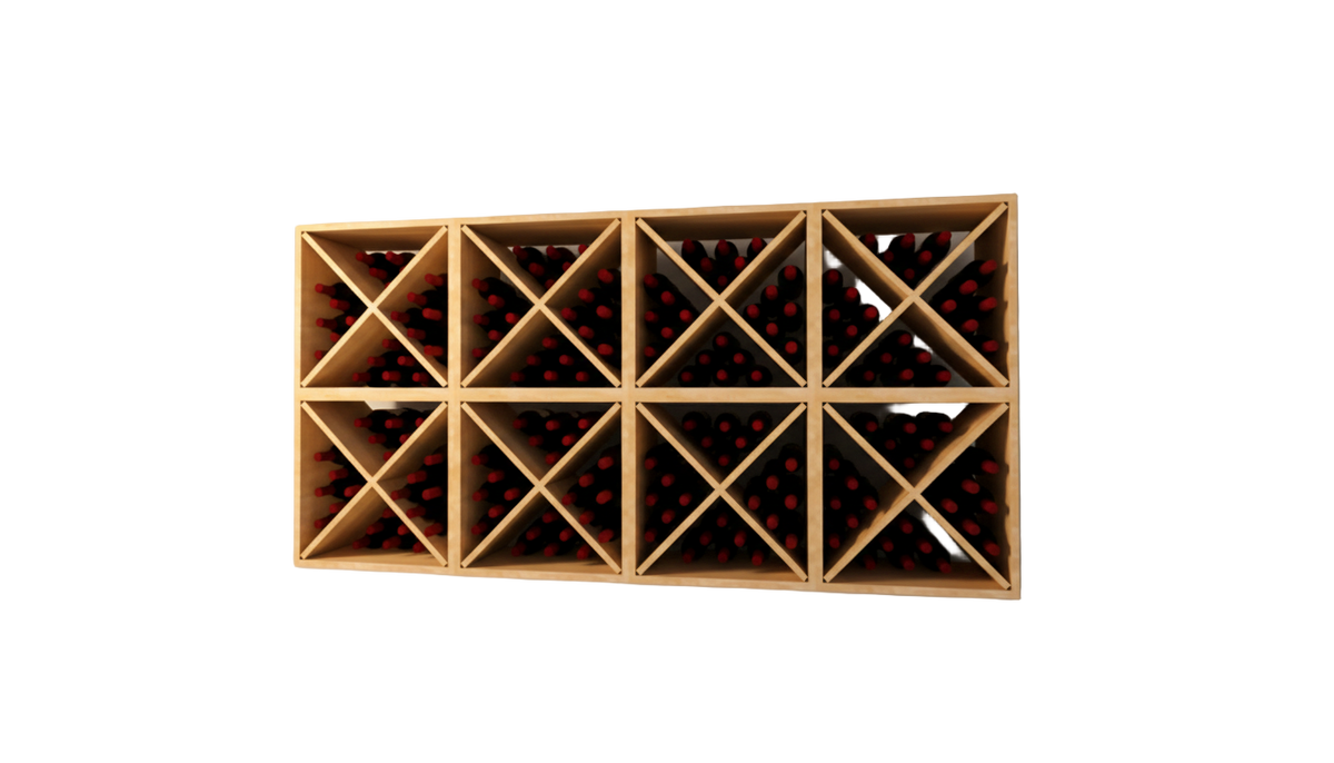 Wooden wine rack with bottles against a plain wall