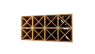 Wooden wine rack with bottles against a plain wall