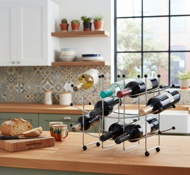 Wine rack with bottles on a kitchen counter with a window view