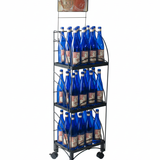 Metal bottle display rack with blue bottles on a white background