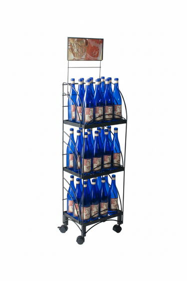 Metal bottle display rack with blue bottles on a white background