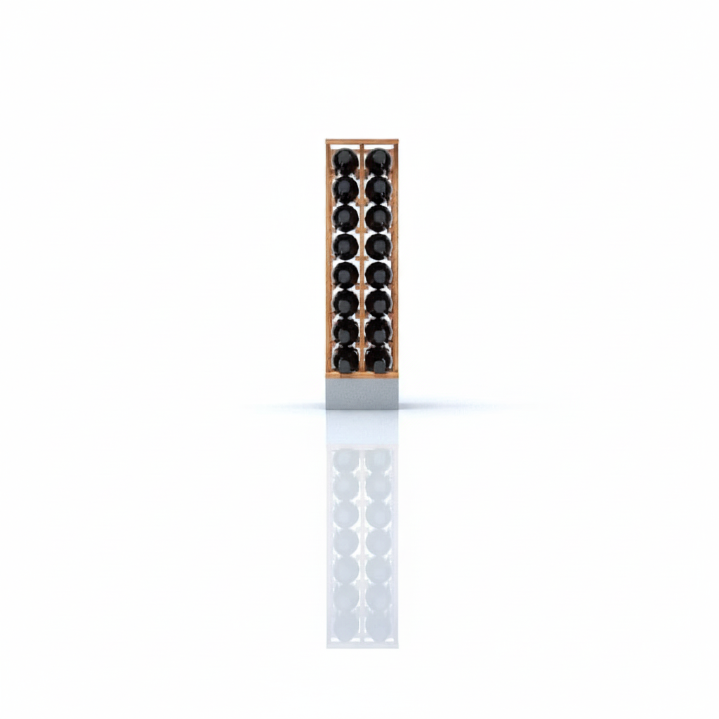 Wine rack with 16 bottles on a white background