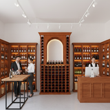 Wine cellar with wooden shelves and a reception desk, featuring people interacting.
