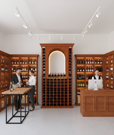 Wine cellar with wooden shelves and a reception desk, featuring people interacting.